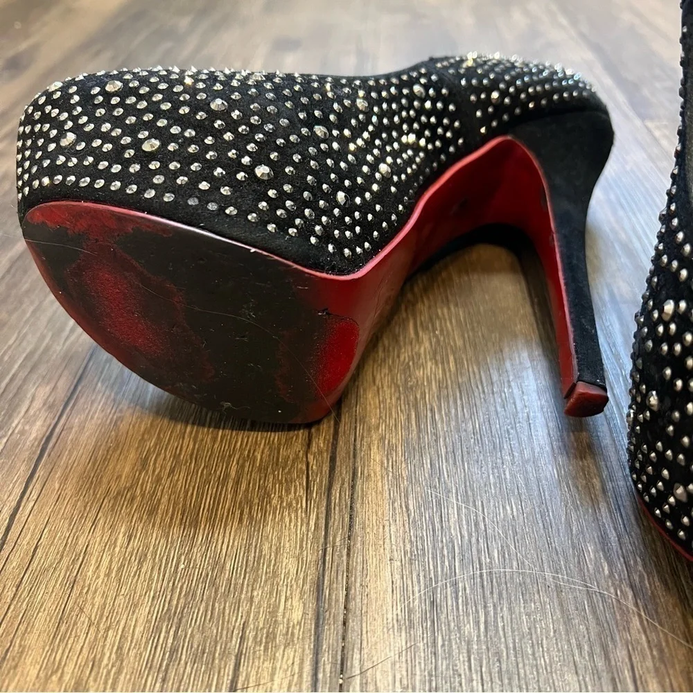 Alba Red Sole Black Suede Silver Rhinestone Platform Stiletto High Heels 8.5